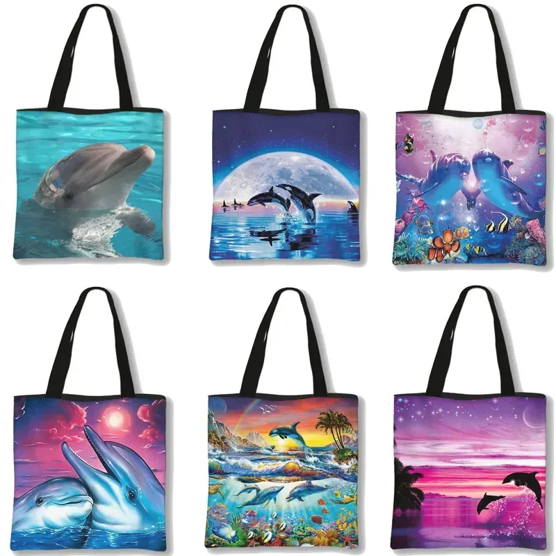 Dolphin Print Ladies Handbags Girl Canvas Tote Bag Shopping Travel Women Eco Reusable Shoulder Shopper Bags High Capacity