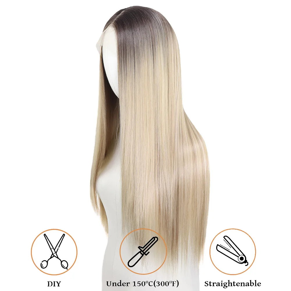 30 بوصة تسليط الضوء على شقراء الاصطناعية الدانتيل الجبهة الباروكات الجذور الداكنة مستقيم طويل أومبير الرماد شقراء قبل قطعها الباروكات الملونة للنساء