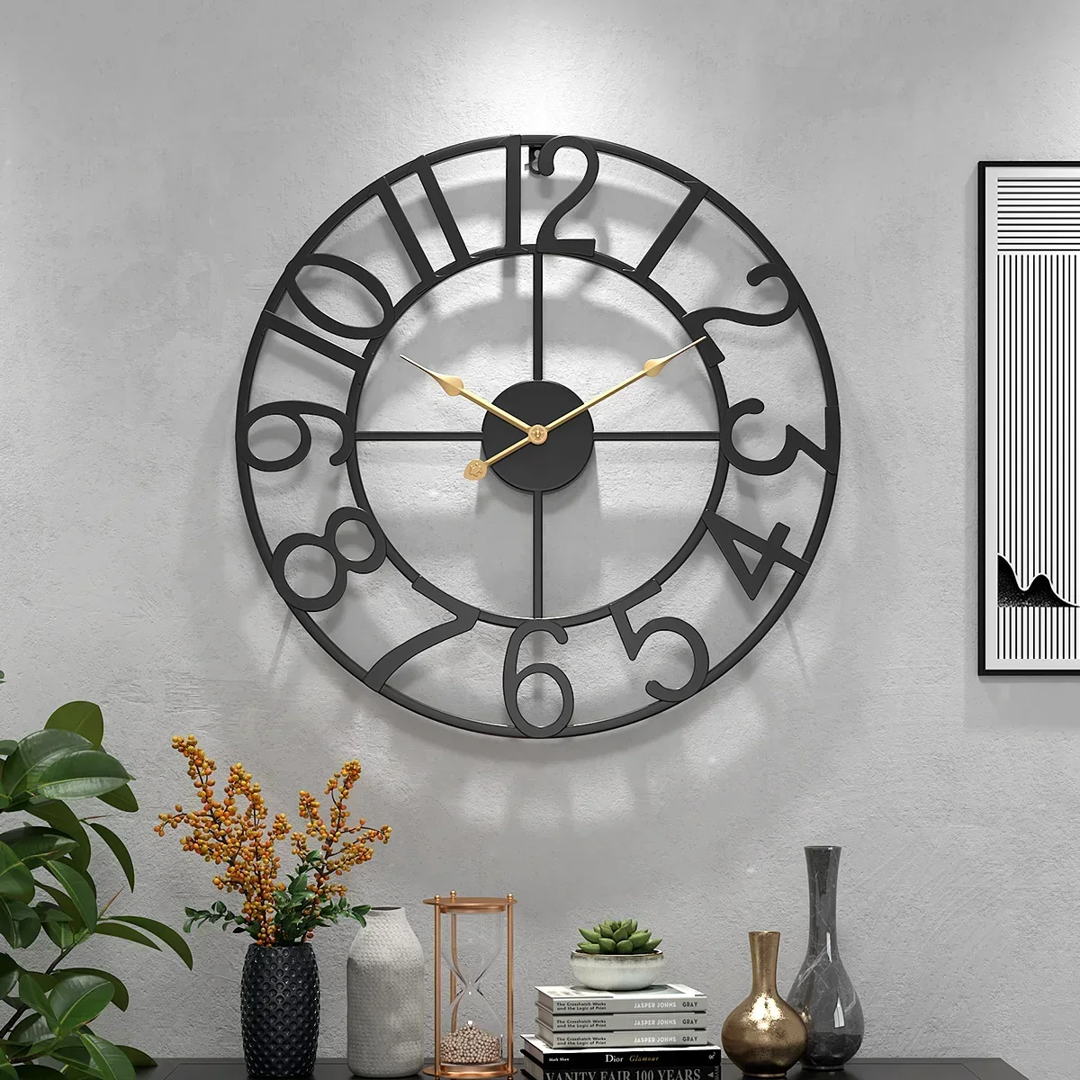 Nordic Minimalist Wrought Iron Silent Clock Retro Creative Circular Digital Wall Clock Home Living Room Decoration Metal Clock