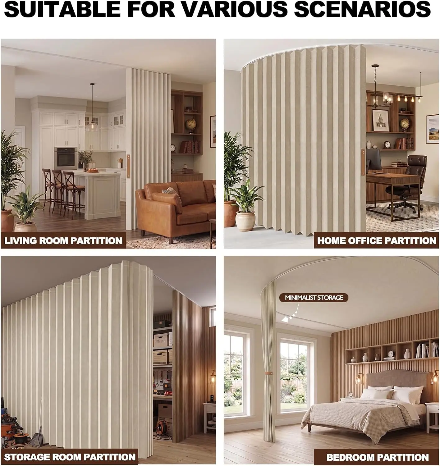96 Inch Length Beige Accordion Retractable Folding Privacy Room Divider Curtain With Ceiling Mount Track Easy Install Partition Screen For Indoor Space Separation