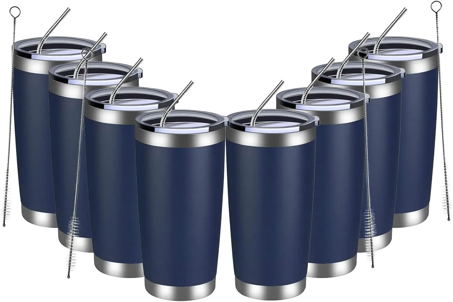 

20oz Stainless Steel Tumbler 8 Pack, Vacuum Insulated for Hot & Cold Drinks with Lid and Straw, Durable Powder Coated (Navy)