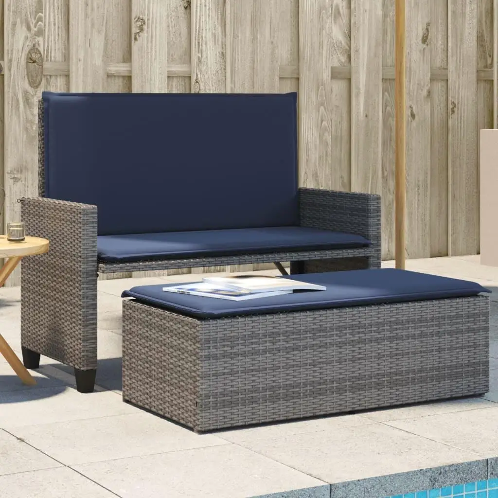 

Gray Poly Rattan Patio Bench Set with Cushions & Footstool – Outdoor Furniture