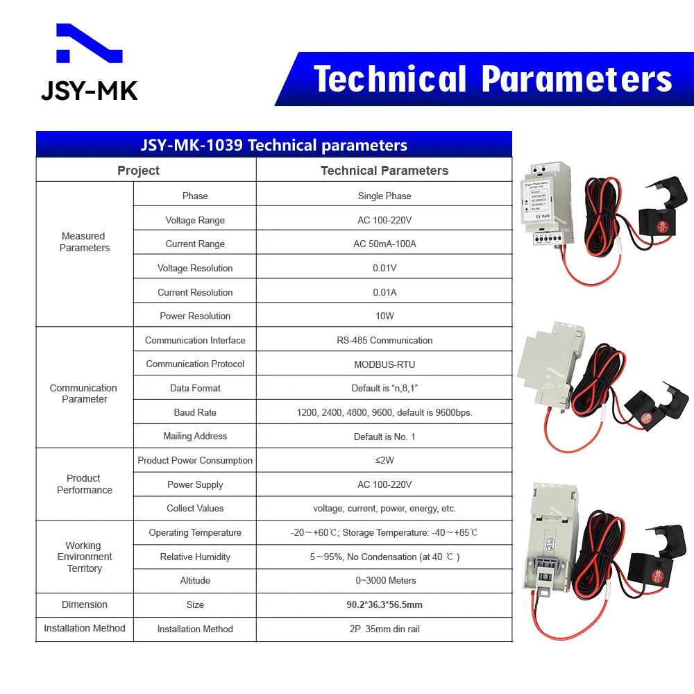 JSY-MK-1039 100A 220V RS485 Modbus-RTU Komunikacja Dwukierunkowe pomiarowanie AC Jednofazowy licznik energii Szyna Din — zdjęcie 3