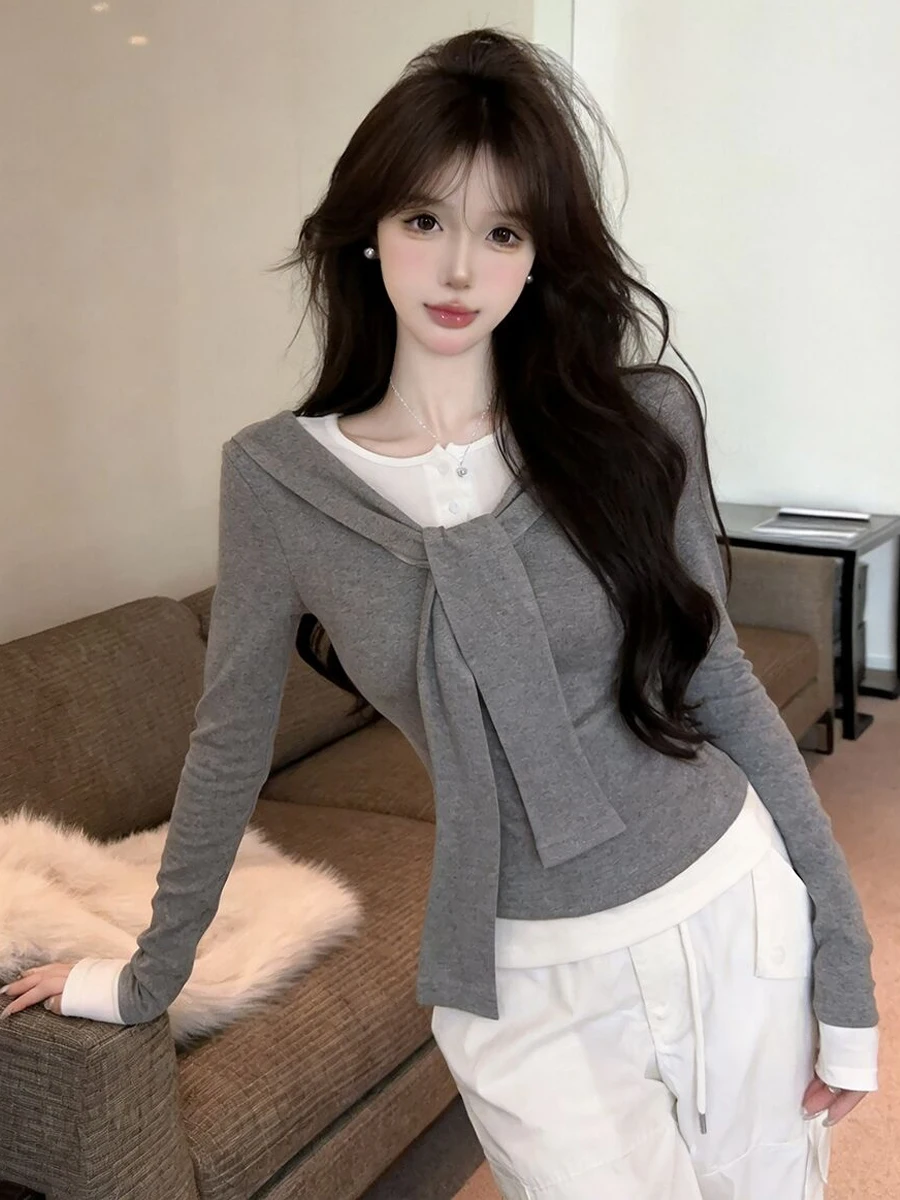 Sexy Long Sleeve T-Shirt with Shawl Belted Slimming Commute Ready Fashionable Women's Clothing Casual High Waist Design