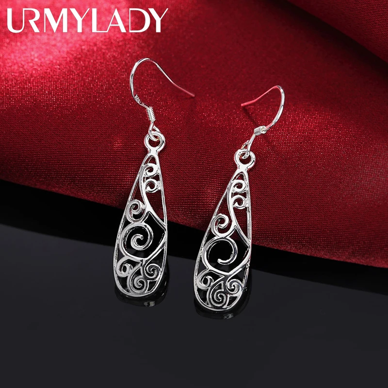 Hot sale 925 Sterling Silver Carved drop shape Earrings Women fashion Jewelry Christmas Gifts party vintage long earrings