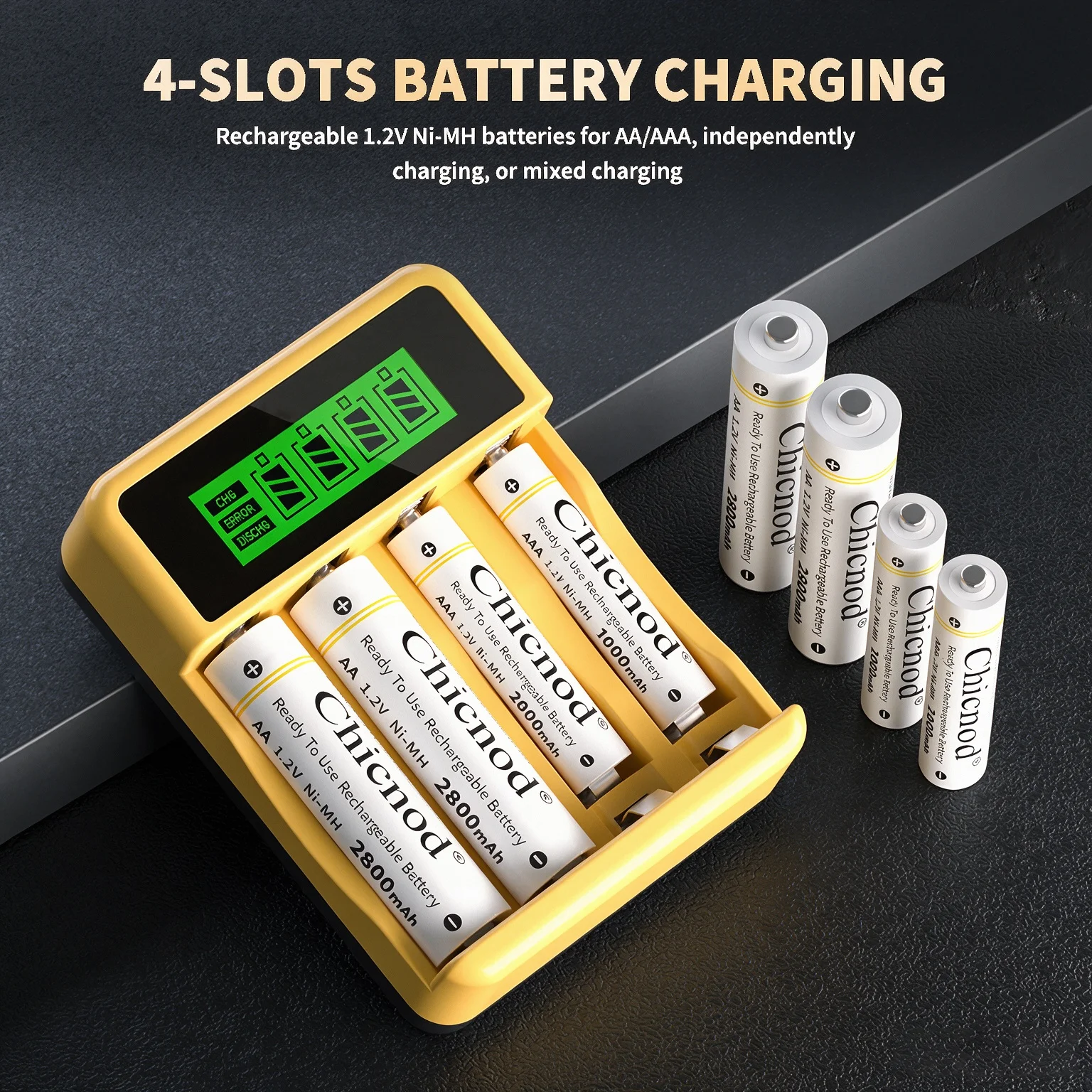 Chicnod LCD012 AA AAA Battery Charger Ni-MH Ni-Cd Rechargeable Battery Charger 4 Slot LCD Display USB Type-C Smart Charger