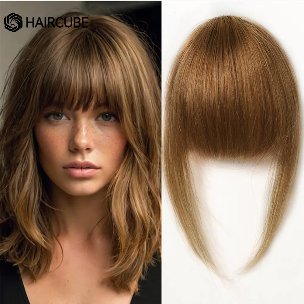 Hair Clip in Bangs 100% Human Hair Extention Honey Brown Fake Bangs Bangs Fringe with Temples for Women Daily