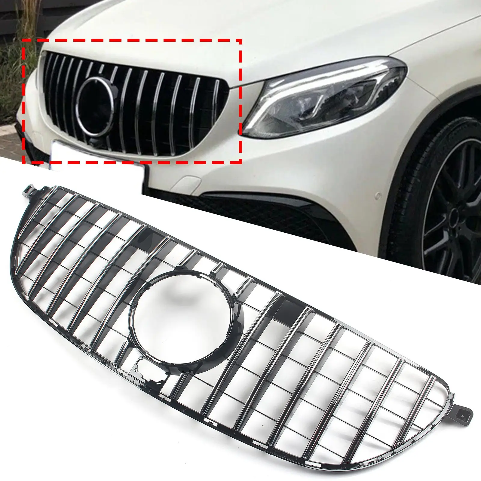 GT Style Car Front Bumper Grille Grill Black/Silver For Mercedes Benz W166 GLE63 AMG 2016-2019 ONLY