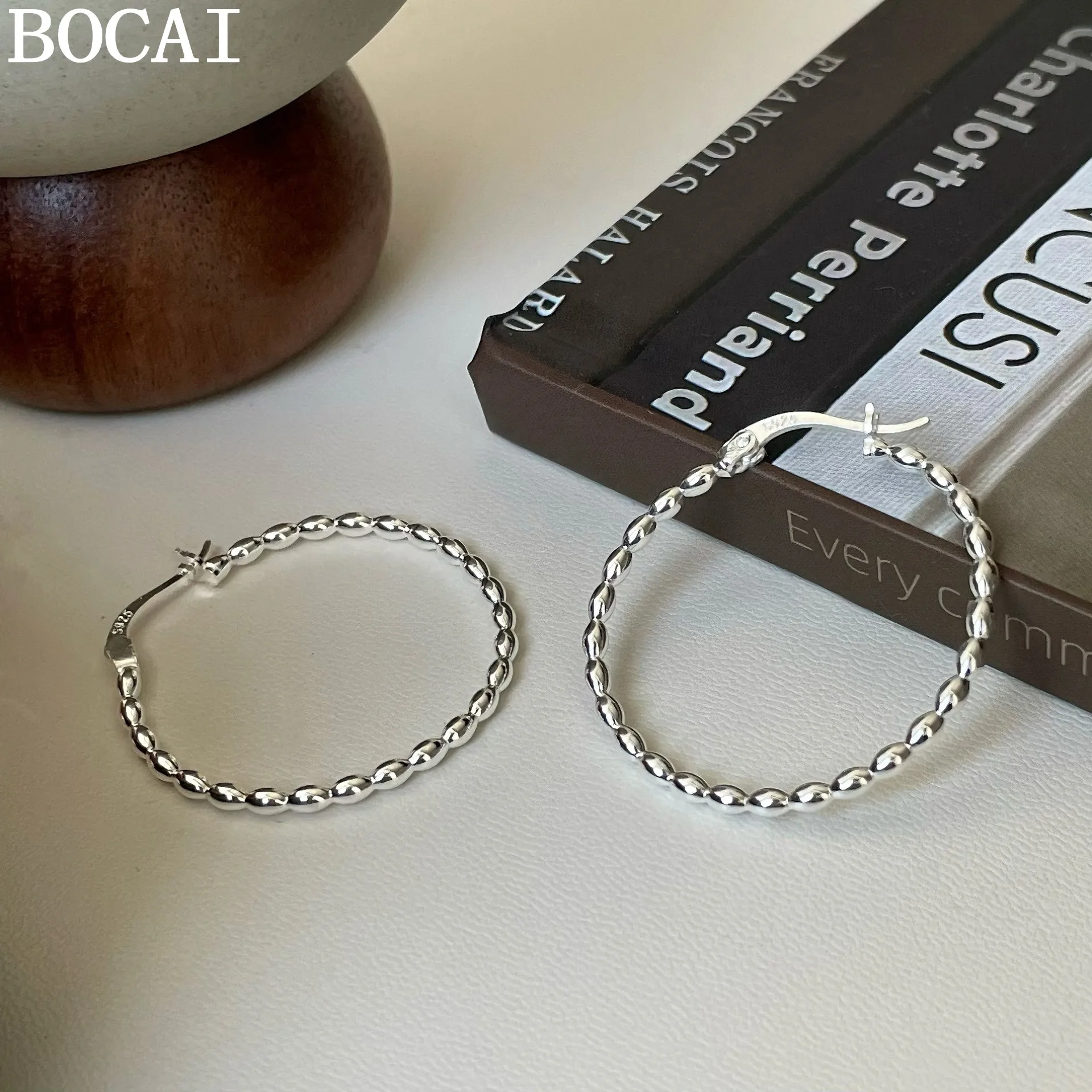 

Новые серьги BOCAI из чистого серебра S925, простые и универсальные, геометрические, C-образной формы, с бусинами в виде рисовых зерен, избранные подарки для женщин