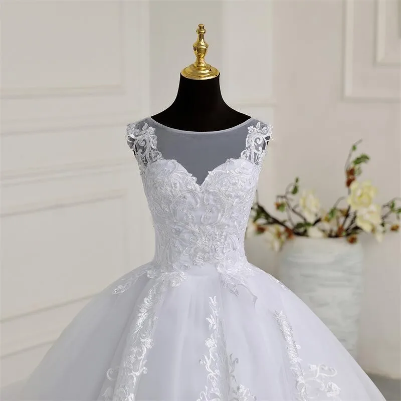 Luxus Spitze Brautkleider elegante ärmellose Vestido de Noiva formale Braut Ballkleid echtes Foto plus Größe neue reinweiß