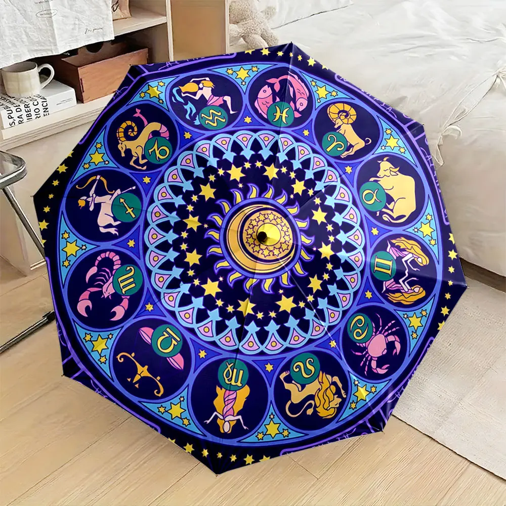 1PC Zodiac Signs Printed on Colorful Umbrella Design Print 8 Iron Ribs Folding Umbrella Auto-Open Fashion Sunshade