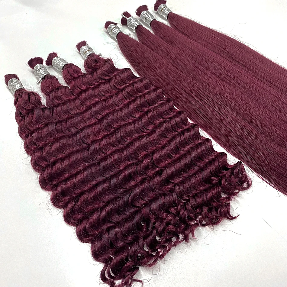 Bundles de cheveux humains Deep Wave pour femmes, extensions de cheveux, tressage, sans trame, bordeaux, en vrac, 99J, 300g, #30 po