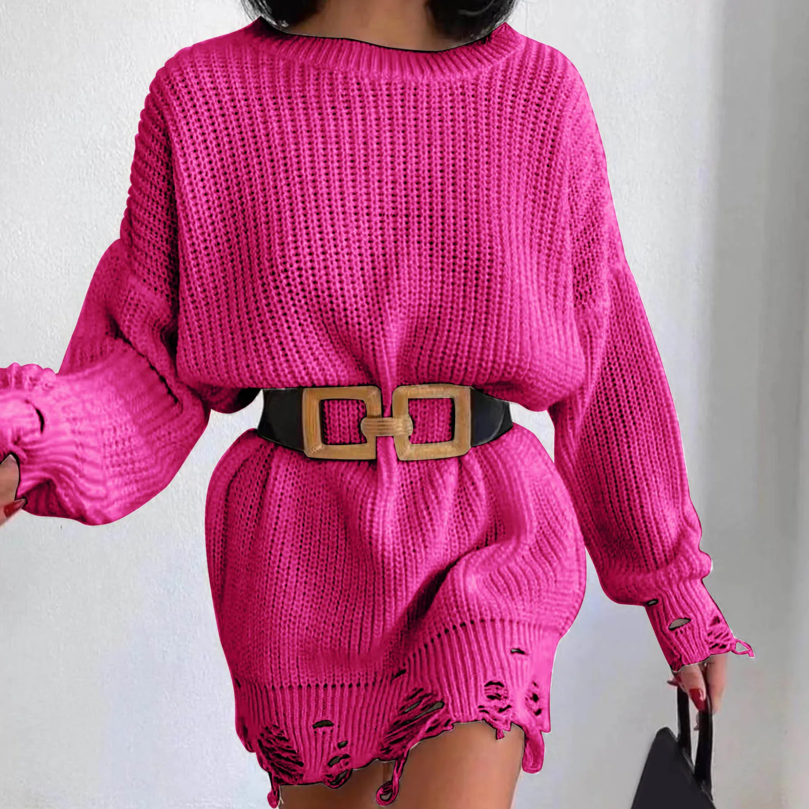 Women\'s Casual Crew Neck Long Sleeve Pullover Top Solid Color Hem Ripped Knit Sweater Fashion Office Lady Elegant Mini Dress