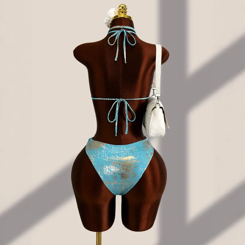 2026 new european and american style blue jacquard one piece swimsuit halter neck hollow out sexy bikini cross border hot sellin