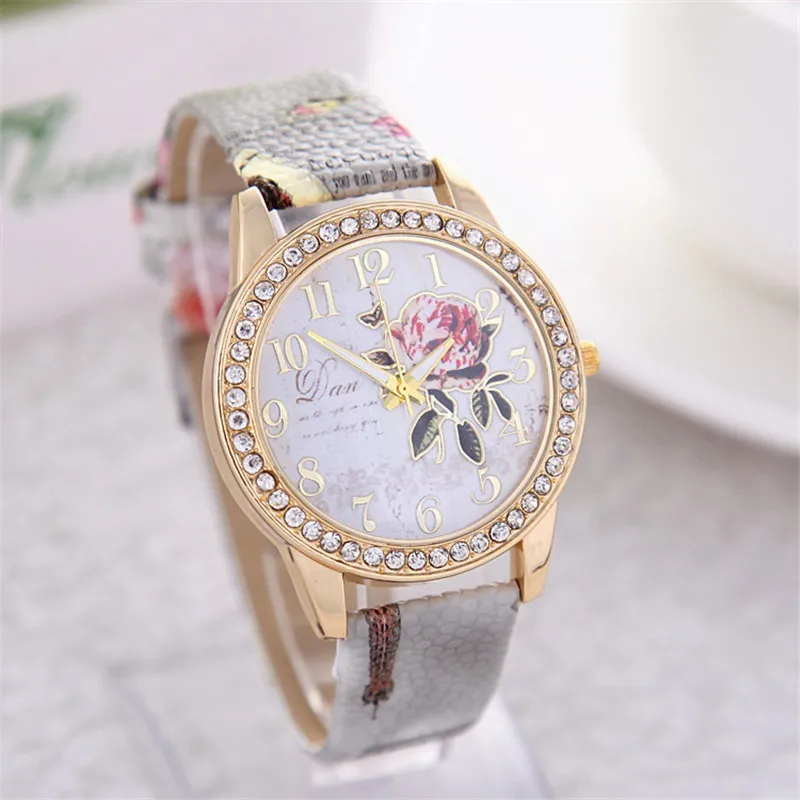 fashion Women rhinestone Rose flower pattern PU leather quartz Watch