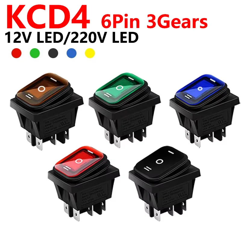 

KCD4 Switch Heavy Duty 16A 250VAC 30x22mm Waterproof Rocker Push Switch T85 IP65 6pin DPDT Switch ON OFF ON 12V 220V LED