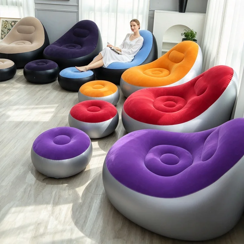 PVC Flocking Inflatable Lazy Sofa, Foldable Slip-on Air Lounge Chair Set for Indoor Outdoor Rest
