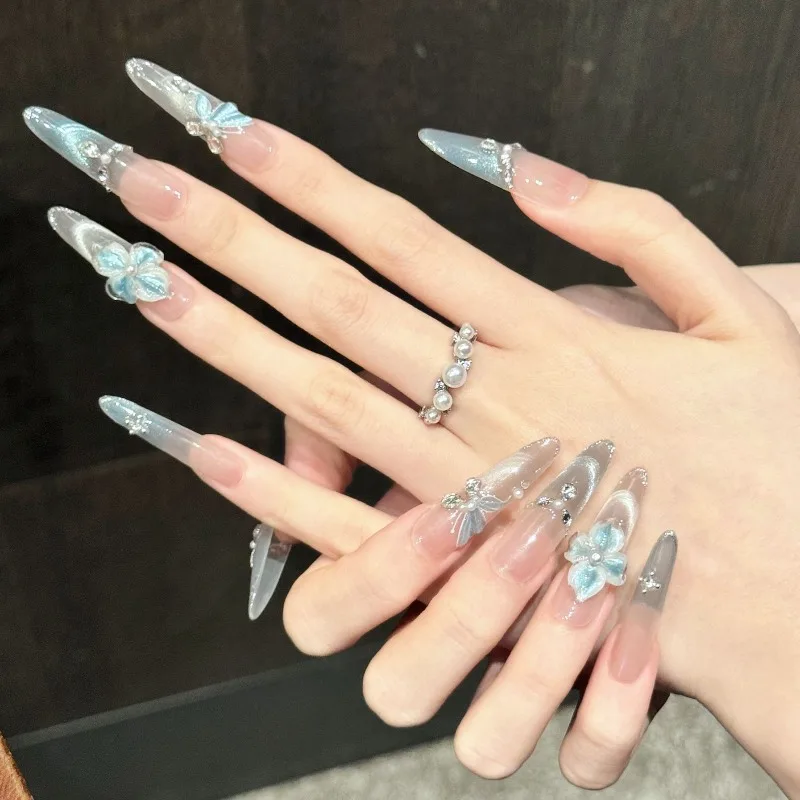 10pcs Handmade Nails Featuring 3D Blue Floral Butterflies These Press-on Nails Make A Great Gift for Girls and Friends