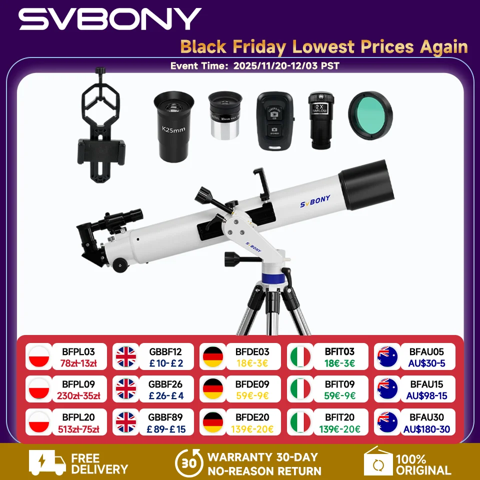 Svbony SV520 Telescopio astronómico refractor de 90 mm para adultos y principiantes. Fotografía profesional de observación de la luna.