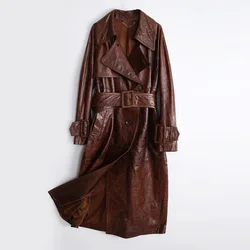 New Vintage Waxed Skin Leather Jackets Autumn Winter Women Classic Maillard Color Belt Lapel Slim Chic Long Cowhide Trench Coat