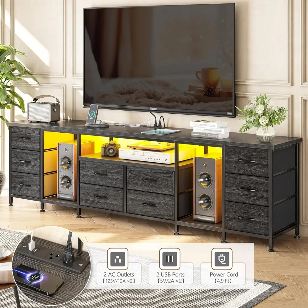 Cômoda de suporte de TV de 85 "para TV de 75 80 85 polegadas 75.5" W Suporte de TV para quarto com LED e tomadas de energia e 10 gavetas