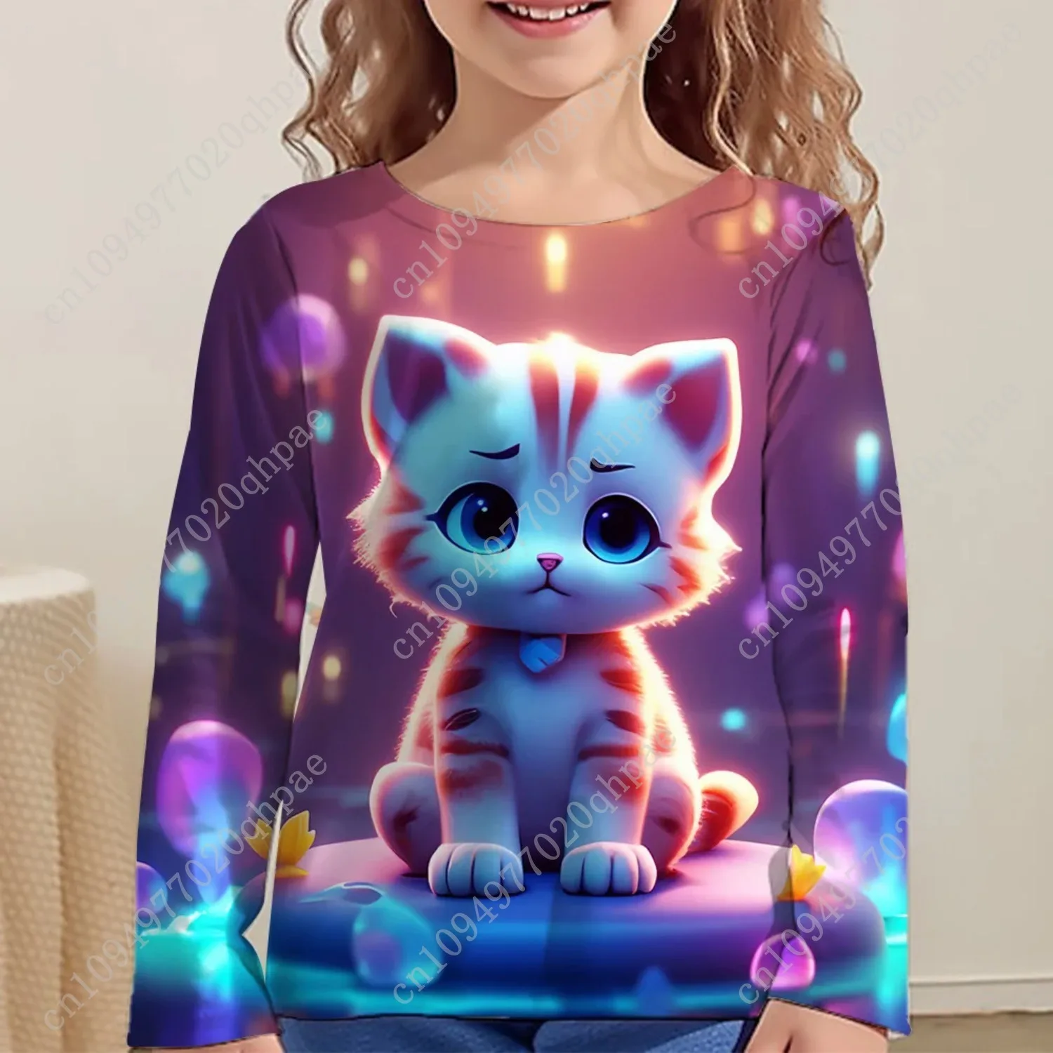 ملابس الأطفال فتاة تي شيرت علوي طويل الأكمام الأطفال تي شيرت لطيف القط طباعة عادية الاطفال الصيف الخريف ملابس فتاة الملابس