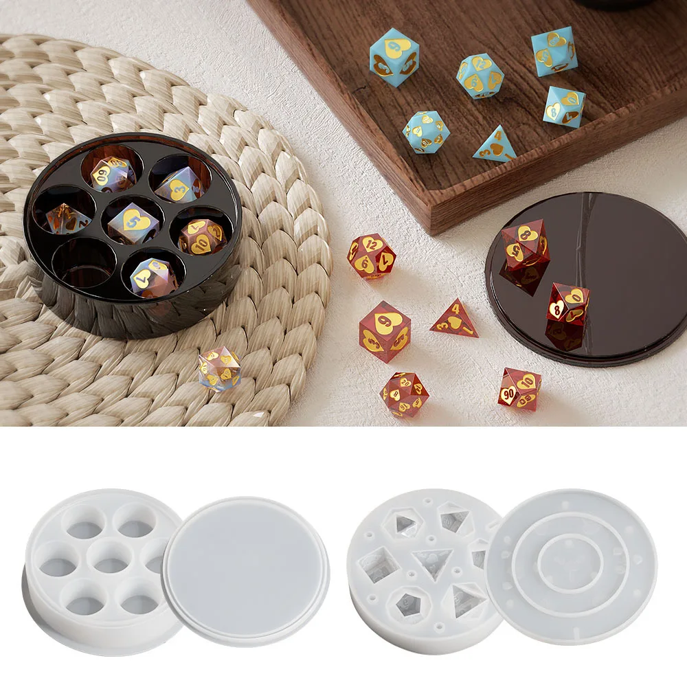 New 7 IN 1 Heart Dices Silicone Molds Board Game Polyhedron Digital Dice Crystal Epoxy Resin Mould DIY Dice Storage Box Mold