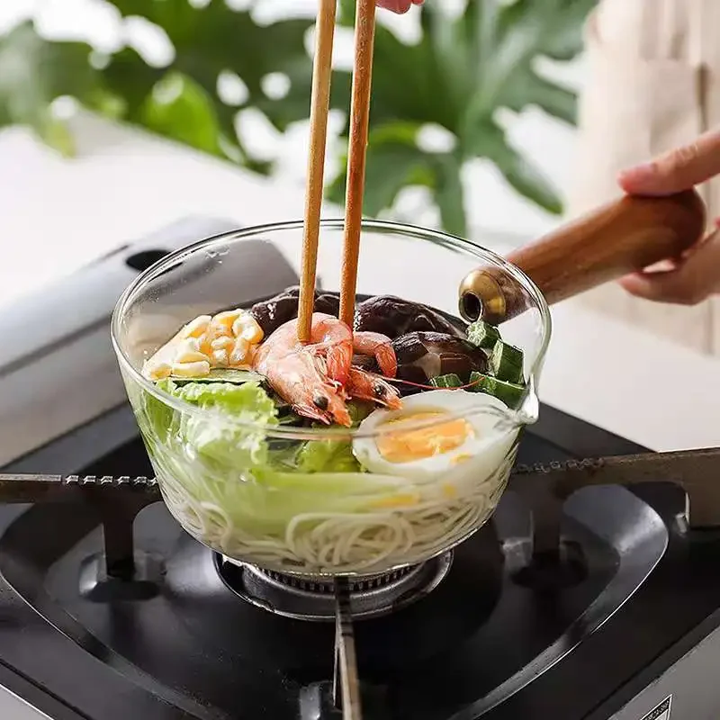 Side Wooden Handle High Borosilicate Glass Baby Complementary Food Hot Milk Pot Household Transparent Instant Noodle Cookware G