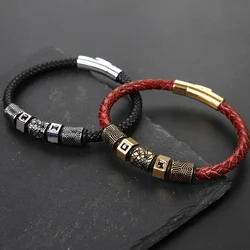 HMSFELY Men Luxury Leather Bracelet Stainless Steel Bracelets Bangles Jewelry For Men