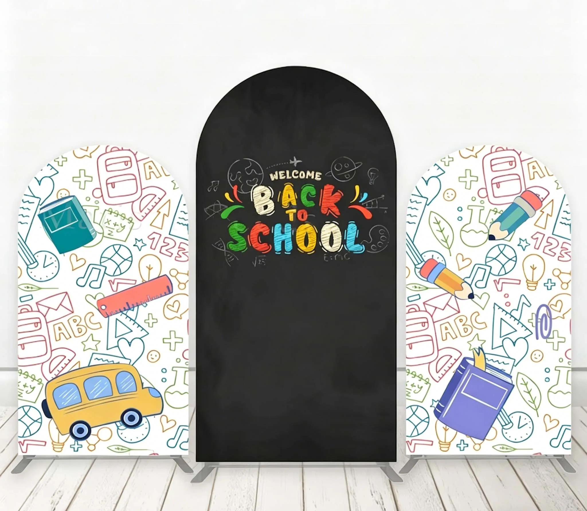 Custom 2-Side Welcome Back To School Arch Backdrop Cover Pencil Book Ruler Stationery Potography Background