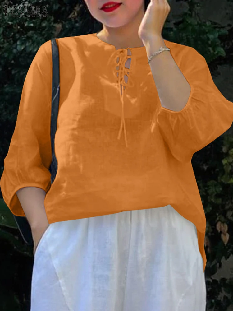 Women Fashion Blouses ZANZEA 2025 Summer Puff Sleeve Solid Color Tunic Tops Bandage Casual Loose Shirts Vintage Cotton Blusas