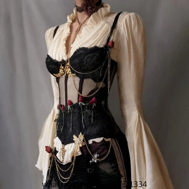 Goth Dark Vintage Fashion Blouses Shirts Women Batwing Sleeve Mall Gothic V-neck Slim Shirts Tops Embellished Halloween Clothes