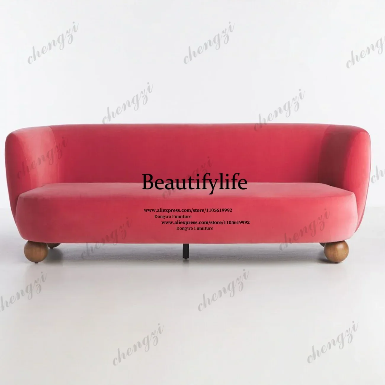 132 Retro Rose Red Velvet Curved Three Person Sofa Creative Round Ball Wooden Foot Light Luxury Living Room Fabric Sofa