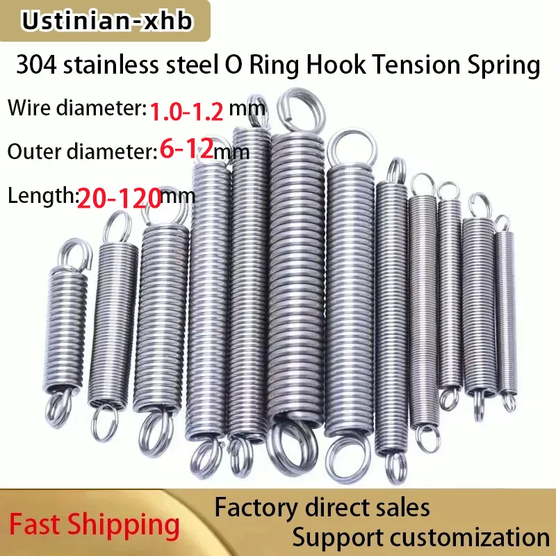 304Stainless Steel O-ring Hook Spiral Extension Spring, Wire Diameter: 1.0/1.2mm, Outer Diameter: 6-12mm, Length: 20-120mm