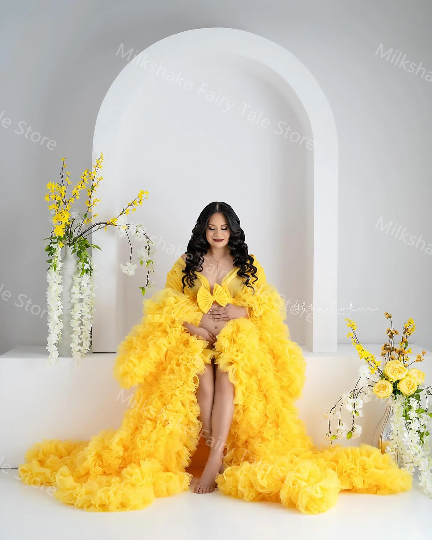 Vestidos de Noche de línea A para mujeres embarazadas, ropa de maternidad con volantes escalonados, mangas largas, abertura frontal, color amarillo