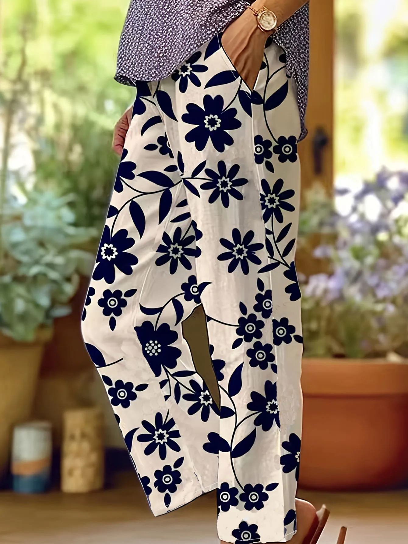 Pantalones de pierna recta con estampado Floral para mujer, pantalón informal de cintura elástica, talla grande, primavera y verano