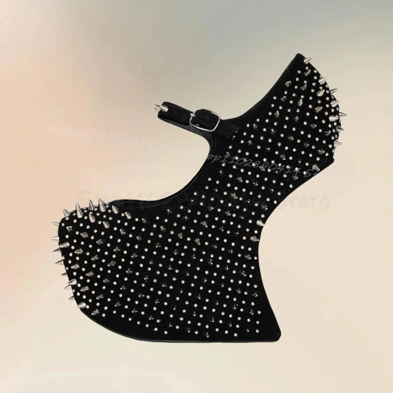 Rivets Decor Black Strange Style Heels Platform Pumps Ankle Buckle Strap Women Shoes Sexy Party Runway 2024 Zapatos Para Mujere