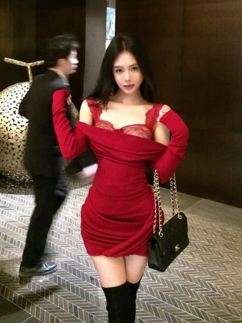 

Pure Desire Sexy One-oulder Long Sve Knitted Dr Women's Fibone Waist Cinching Vest Layer Two-Piece Set CiWalk