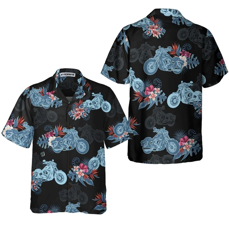 Retro Motorcycle Pattern Hawaiian Shirt For Men Short Sleeve Button Up Aloha Shirts Casual Summer Vacation Party Beach Shirt