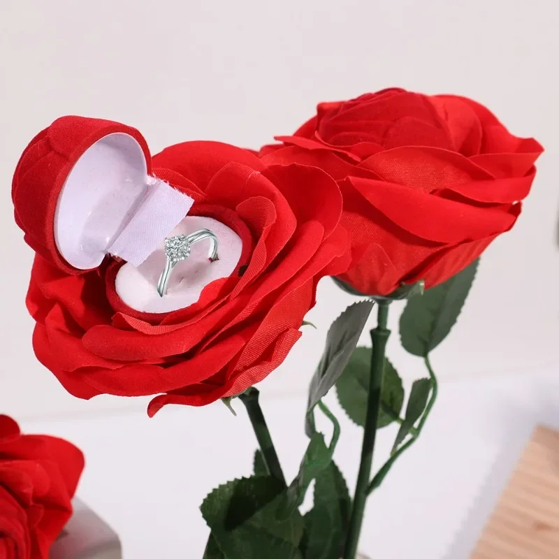 Cteative Rose Flower Ring Boxes Red Velvet Rose Earring Display Holder Gift Box Bridal Wedding Engagement Jewelry Storage Case