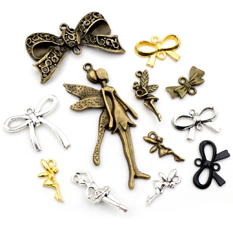 Antique Bronze Silver Plated Angel Girl With Wings Bow Tie Handmade Charms Pendant:DIY for bracelet necklace