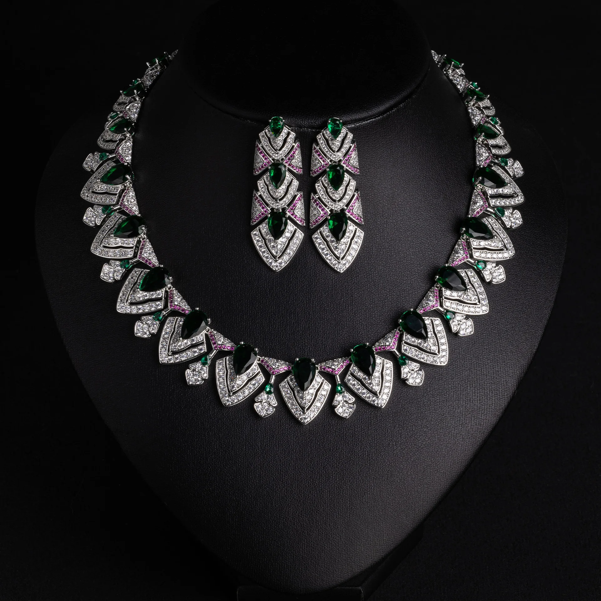 Light Luxury Palace Style Colored Gem Necklace Earrings 2Pcs Set, Water Drop Color Zircon Jewelry Set for Bride Banquet High-End