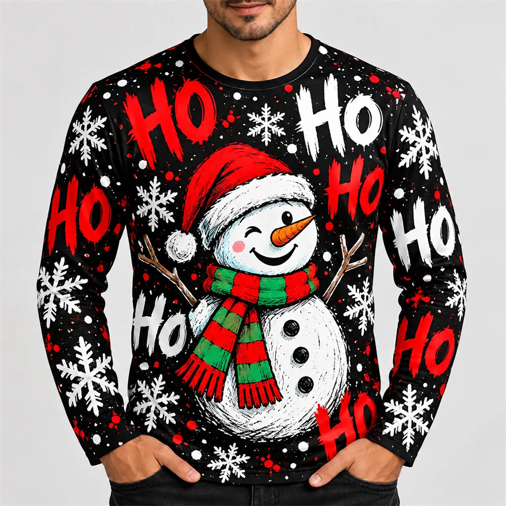 Christmas Cute Snowman Long Sleeve T Shirt For Men 3D Print Ho Ho Ho Graphic Funny Santa Claus Crew Neck Top Holiday Party Wear