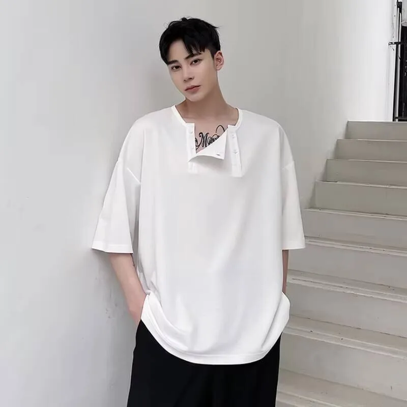 

Летняя простая универсальная дизайнерская индивидуальная мужская двубортная свободная футболка большого размера с коротким рукавом, модная мужская куртка