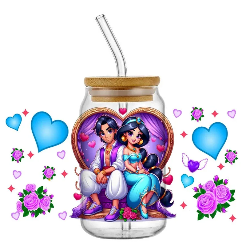 

Disney Couple DIY 3D Waterproof UV DTF Wrap Decal Stickers For New Cartoon Princess And Prince Couples 16oz Libbey Glass Cup Mug