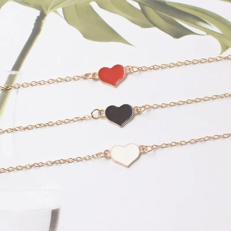 Sweet Enamel Red Heart Pendants Bracelets for Girls Gold Color Short Chain Anklets Korean Fashion Lovely Hand Accessories