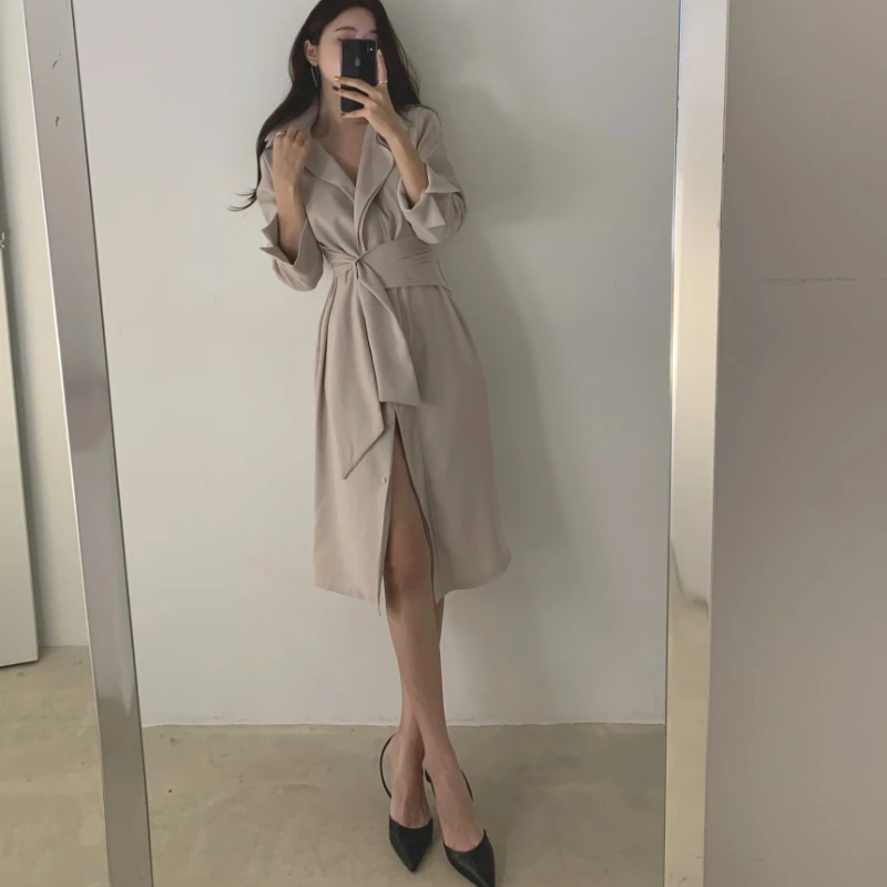 REALEFT Autunno Sinlge Breasted Camicie da donna allentate Abiti Telai 2025 Nuovo abito a trapezio elegante con spacco frontale a maniche lunghe femminile