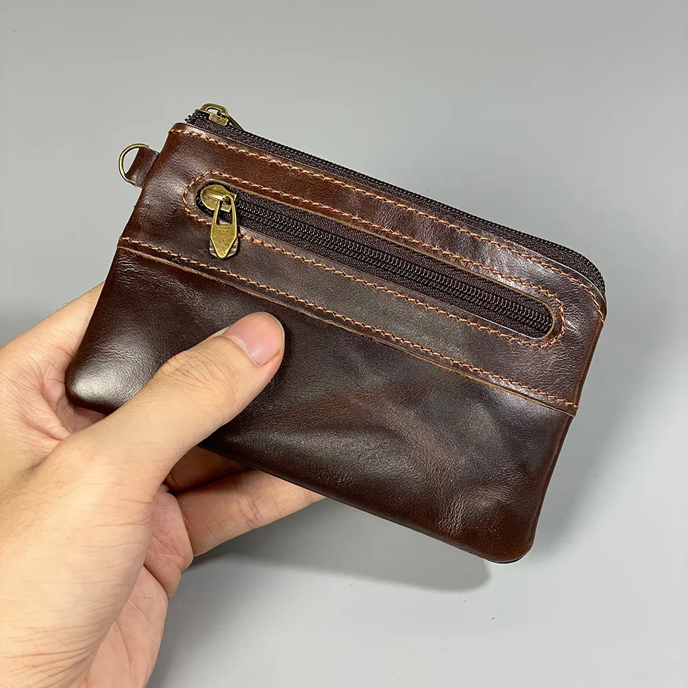 Retro Cowhide Leather Slim Wallet Original Handmade Small Change Coin Holders for Mens Key Cards Cases Double Zipper Pouches