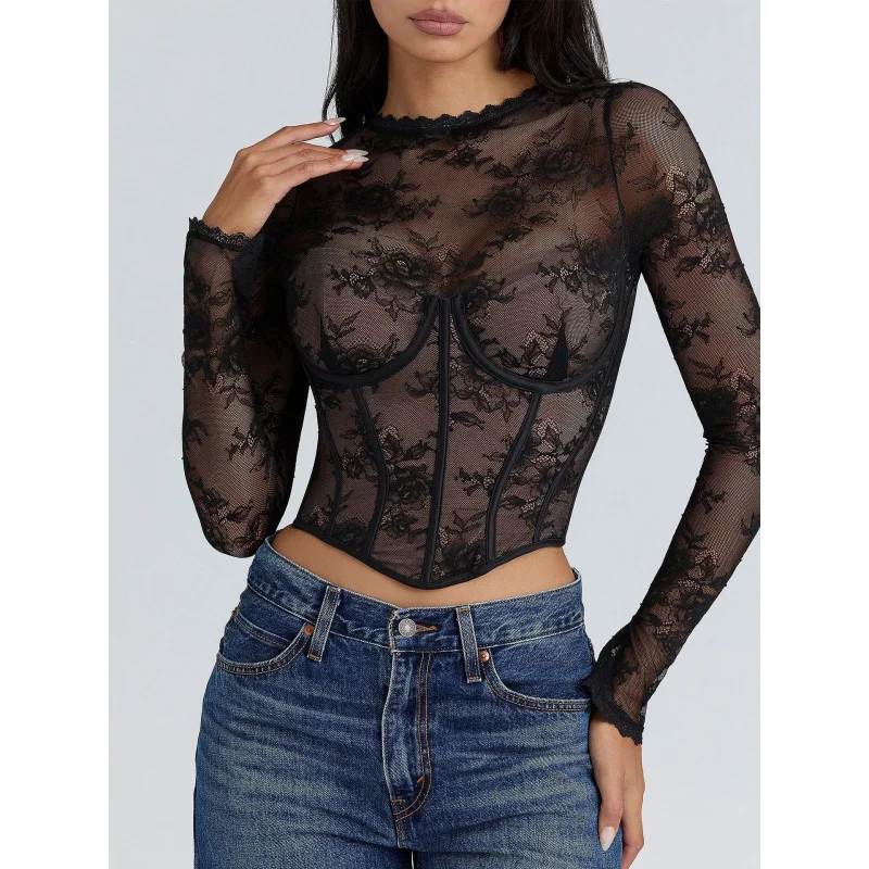 Sexy Lace Patchwork Corset Tops Long Sleeve T-shirt Women See Through Waist Cinching Slim Fit O-neck Crop Top Midnight Club Tees