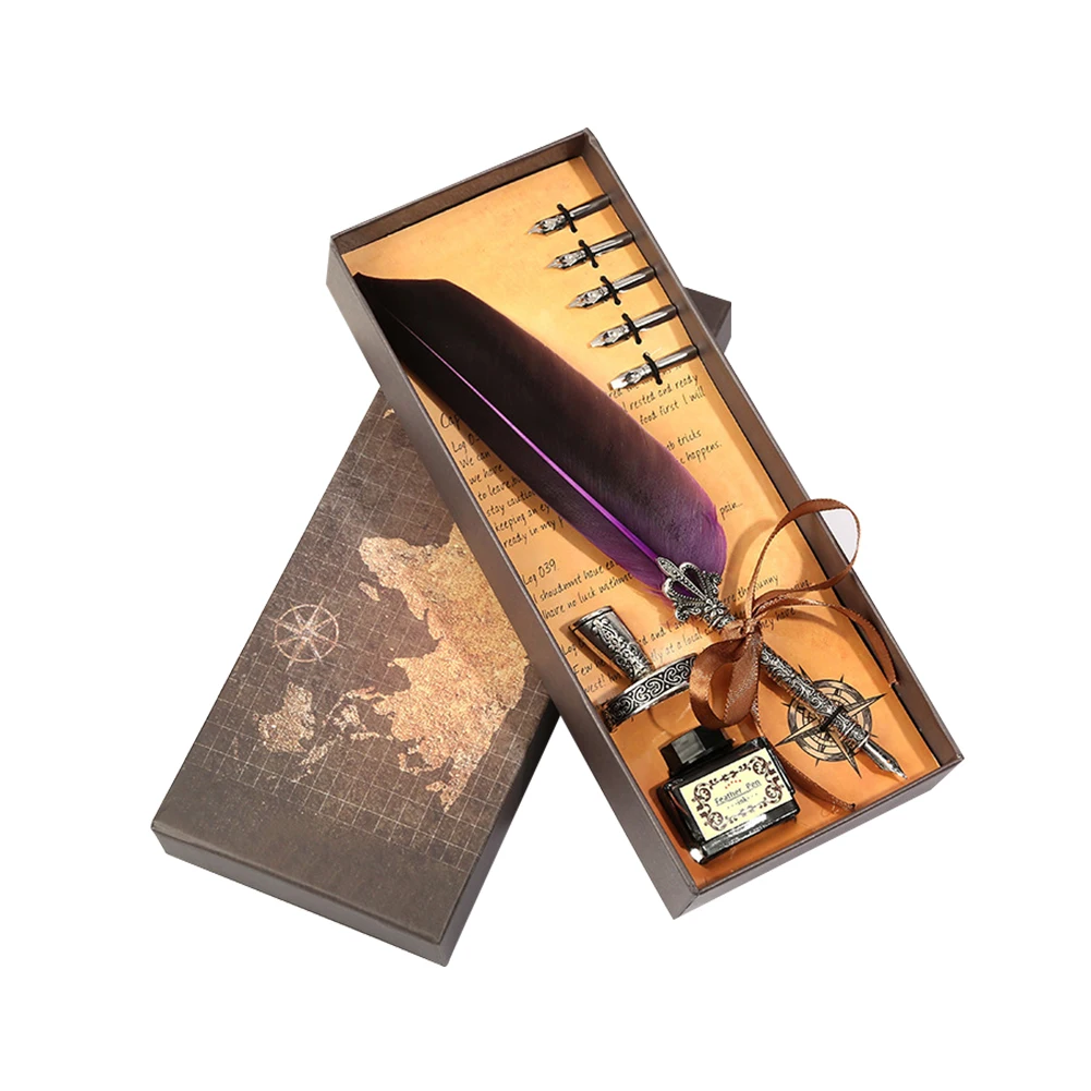 

Retro Calligraphy Feather Dip Pen Vintage Writing Ink Pen Sets Stationery Quill Pens Seal Stamp Kit for School Office Supplies